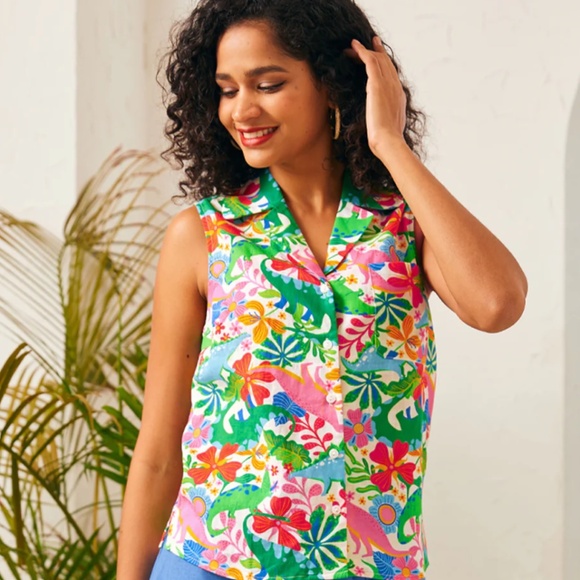 Modcloth Spotlight Spark Sleeveless Shirt with Colorful Dinosaurs - Picture 4 of 9